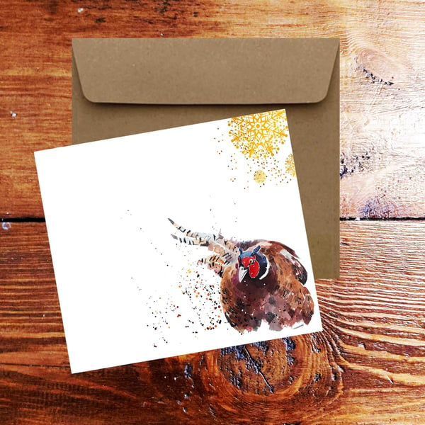 Pheasant Watercolour Art Square Christmas Card(s) Single Pack of 6.Pheasant Wate
