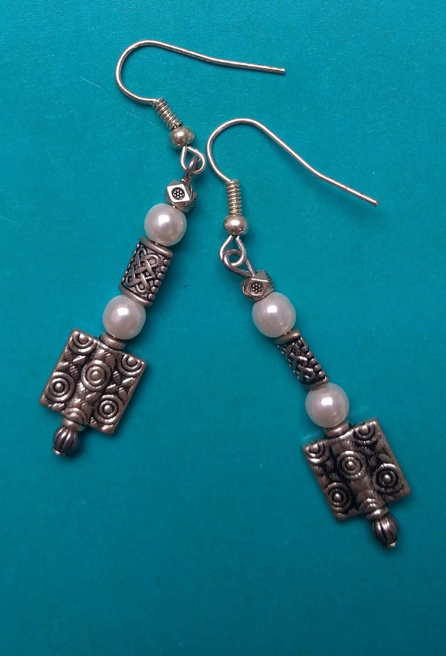 Unique Handmade Dangly Earrings in Tibetan Silver and Pearls