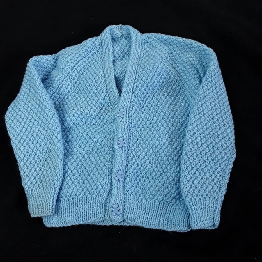 Sale! Hand knitted baby v neck cardigan knitted in blue 24 inch chest