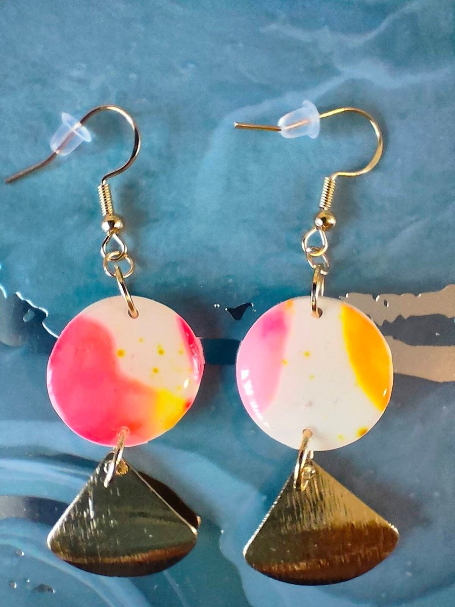 Round Polymer Clay Earrings with Gold Drop Charm