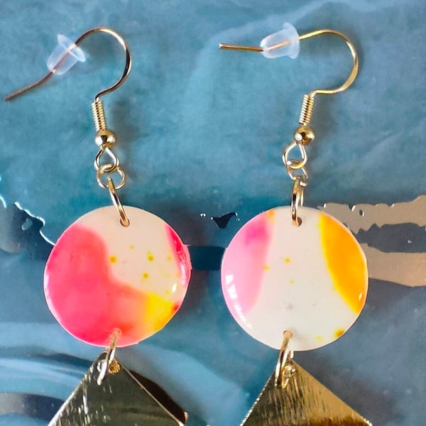 Round Polymer Clay Earrings with Gold Drop Charm