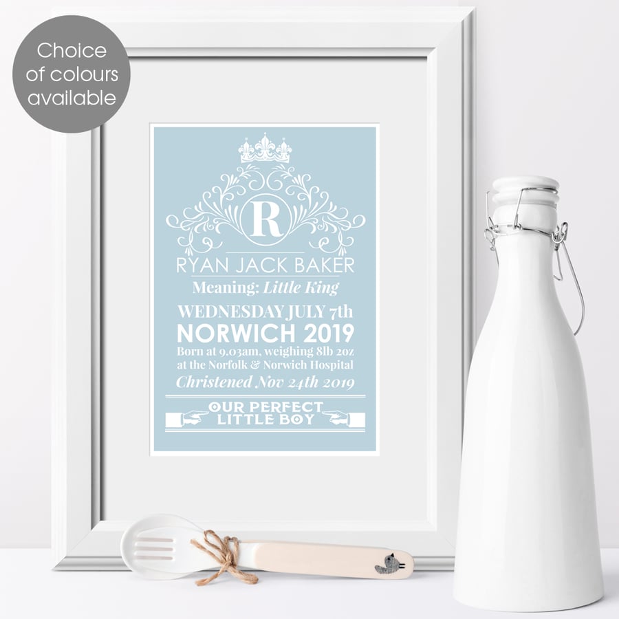 Heritage Personalised Meaning of Name Print, birth stats, christening baby gift