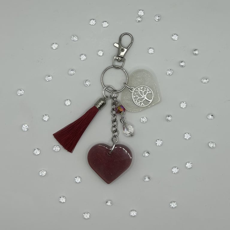 Resin Double Heart Bag Charm or Keyring - Red and White with Crystals
