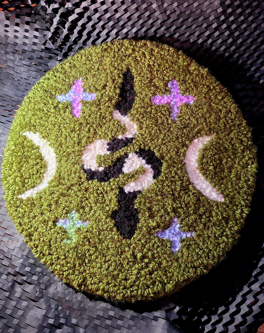 Handmade Punch Needle Witch Altar Rug – Snake & Moon Witchcraft Decor
