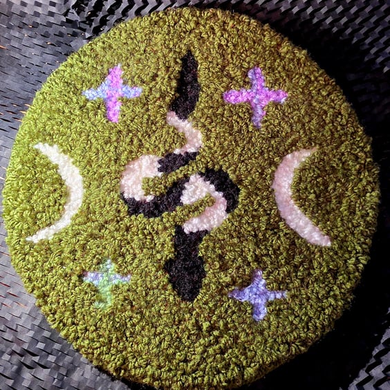 Handmade Punch Needle Witch Altar Rug – Snake & Moon Witchcraft Decor