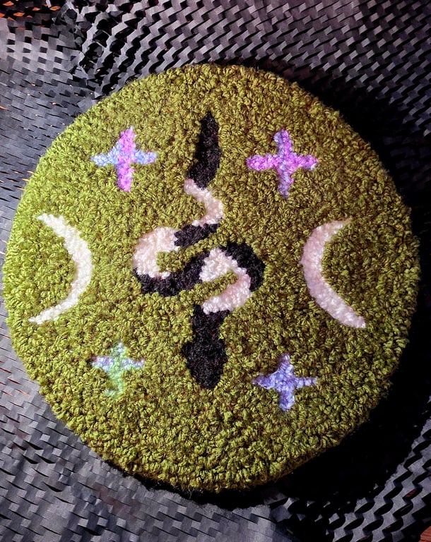 Handmade Punch Needle Witch Altar Rug – Snake & Moon Witchcraft Decor