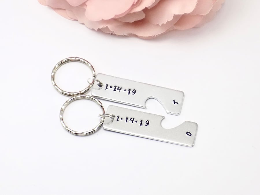 Personalised Anniversary Keyring Set, Matching Couples Keychains, Husband & Wife