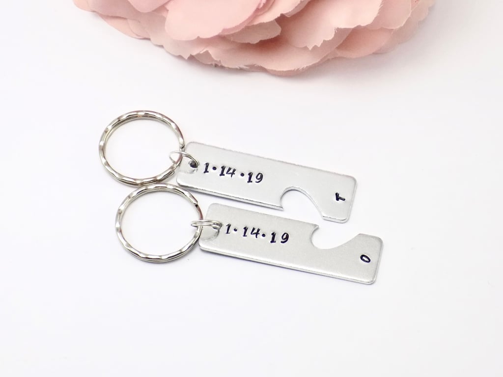 Personalised Anniversary Keyring Set, Matching Couples Keychains, Husband & Wife