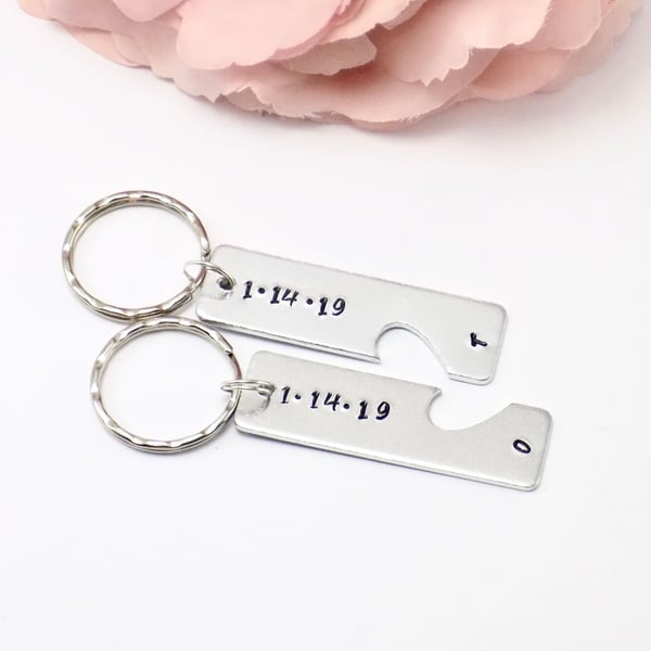 Personalised Anniversary Keyring Set, Matching Couples Keychains, Husband & Wife
