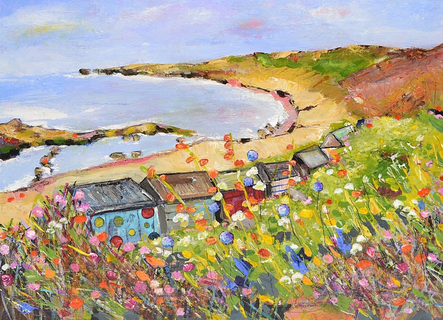 A Painting of Beach Huts, Hopeman, Moray. Scotland. Ready to Hang. 