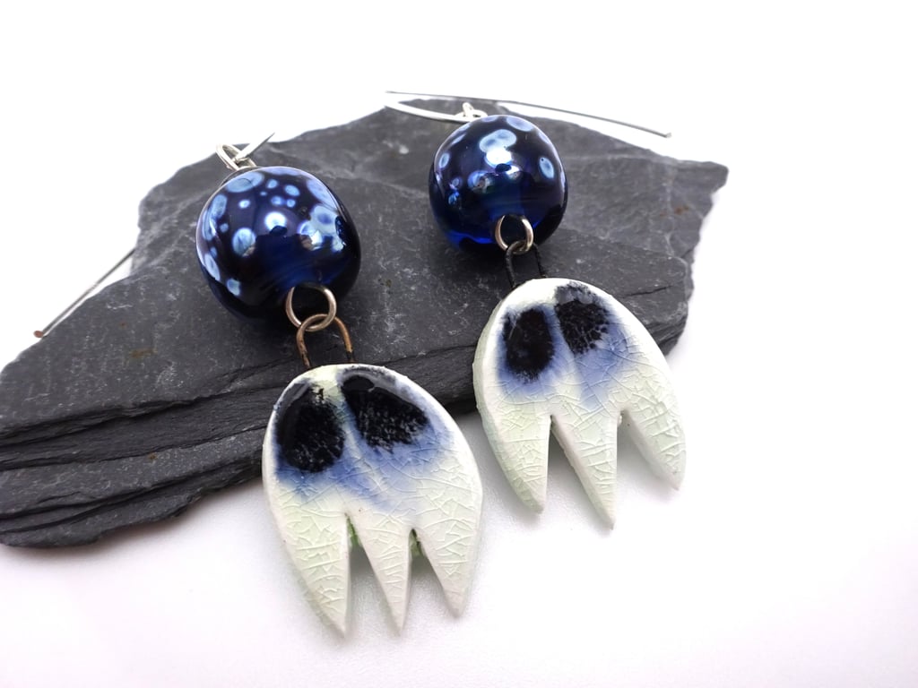 blue lampwork glass earrings, ceramic ghost jewellery