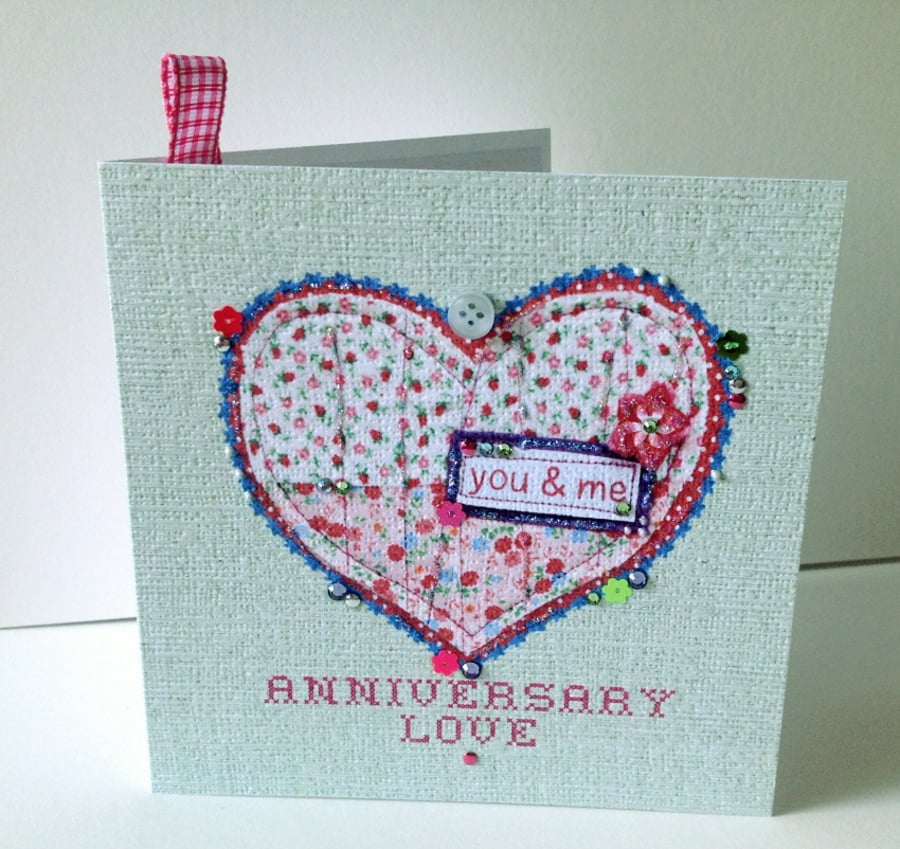 Anniversary Greeting Card,Printed Applique Heart Design,Hand Finished Card