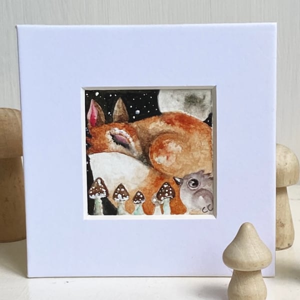 ACEO Original Resting Fox and Bird Watercolour 