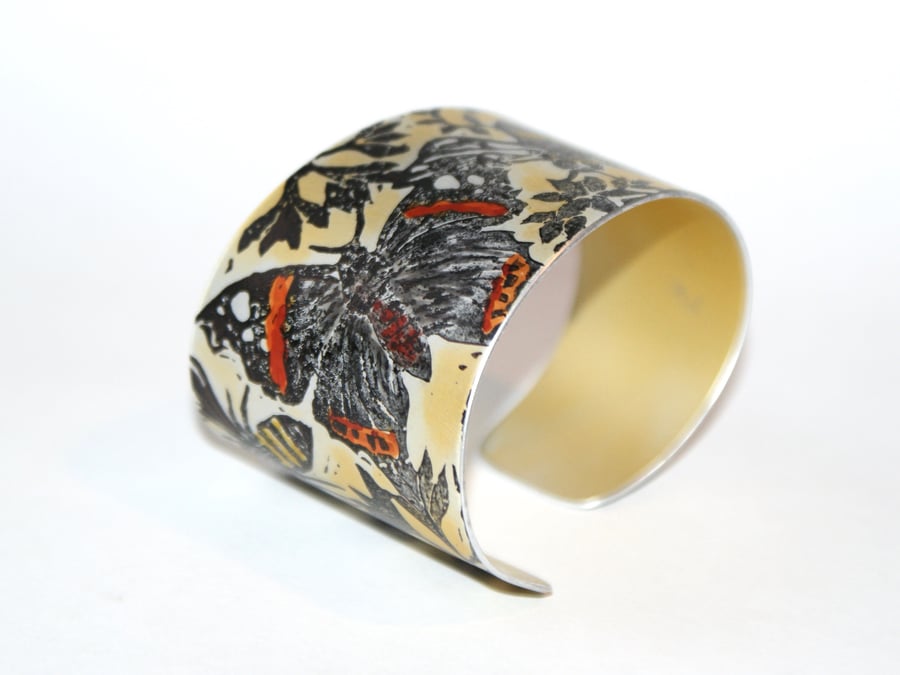 Hand printed butterfly and bee cuff yellow