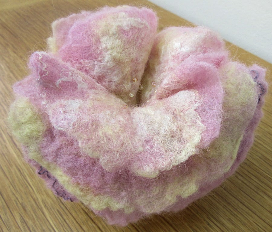 Pink flower brooch.  Hand felted pink and lemon fabric flower corsage