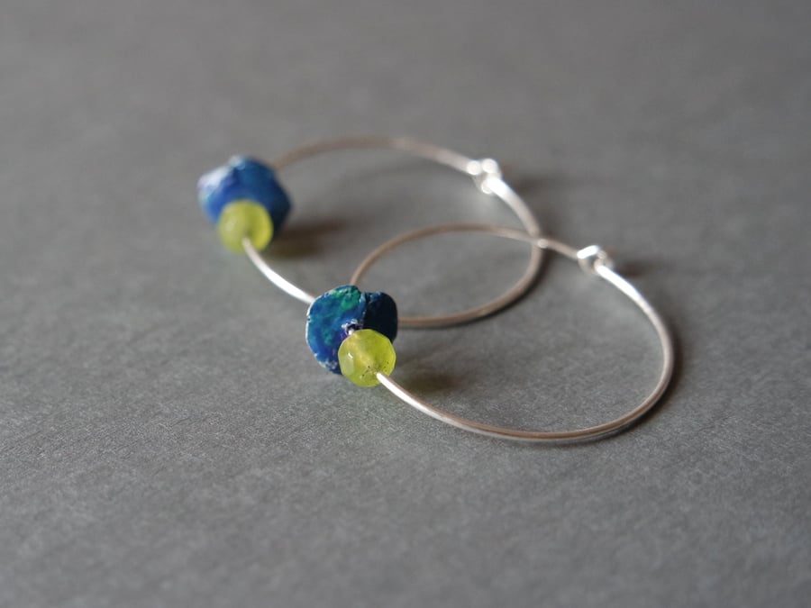 lime green earrings silver hoops, green blue flower