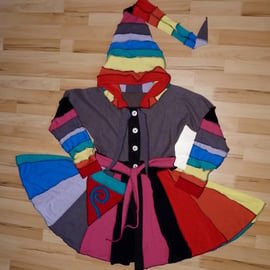 Clearance Sale. Rainbow Upcycled Coat with Long Hood and Front Pocket.