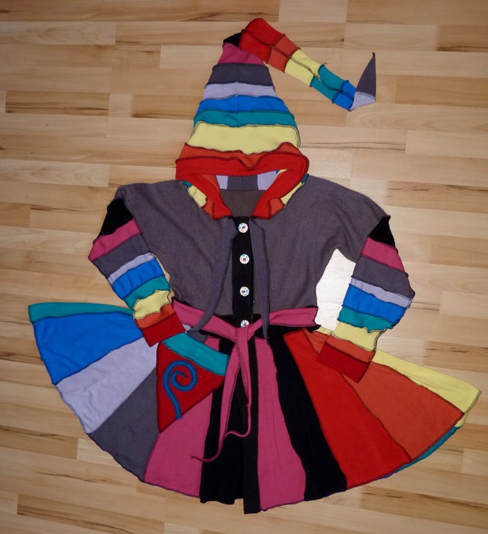 Clearance Sale. Rainbow Upcycled Coat with Long Hood and Front Pocket.