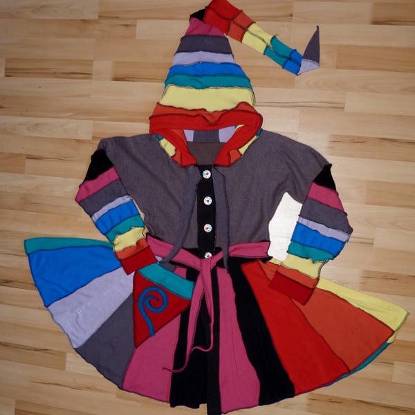 Clearance Sale. Rainbow Upcycled Coat with Long Hood and Front Pocket.