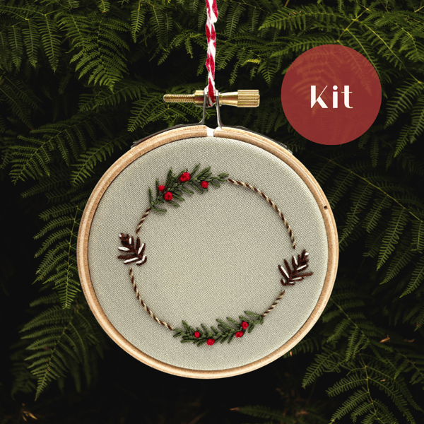 Christmas bauble embroidery kit. 3" mini DIY Christmas wreath, tree decoration