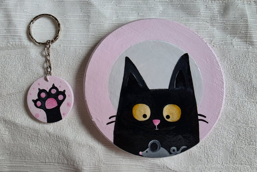 Handmade Cat & Mouse Wooden Coaster & Matching Keyring Set