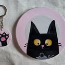 Handmade Cat & Mouse Wooden Coaster & Matching Keyring Set