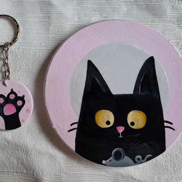 Handmade Cat & Mouse Wooden Coaster & Matching Keyring Set