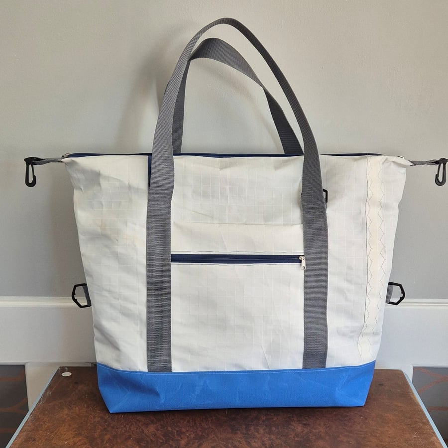 Large Weekender - Light Blue upcycled Sailcloth Travel Bag - zipped Tote