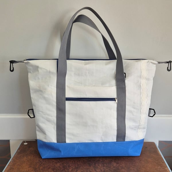 Large Weekender - Light Blue upcycled Sailcloth Travel Bag - zipped Tote
