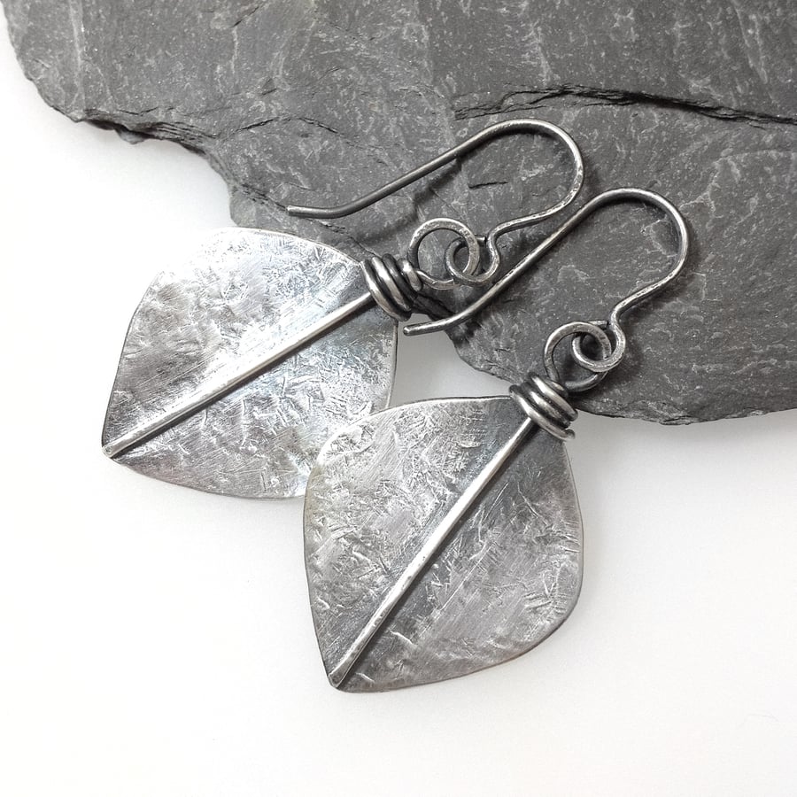 Large oxidised silver leaf spear earrings