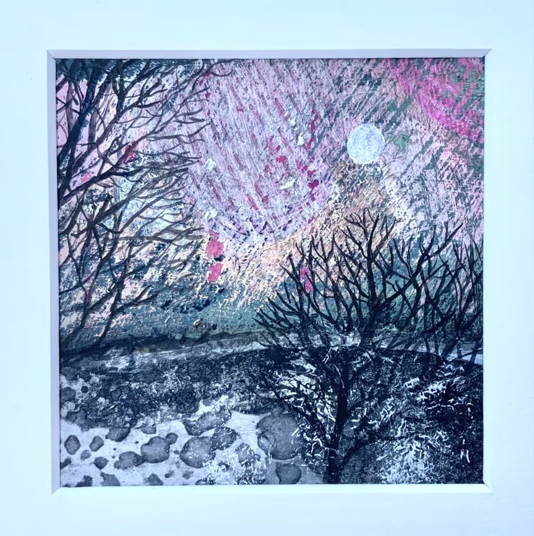 Beyond the Woodland Edge, mounted original mixed media painting