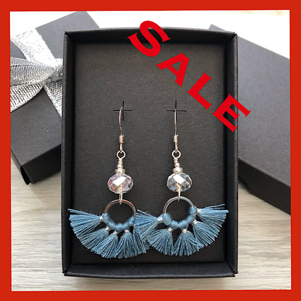 Denim blue tassel and crystal drop earrings. Sterling silver.