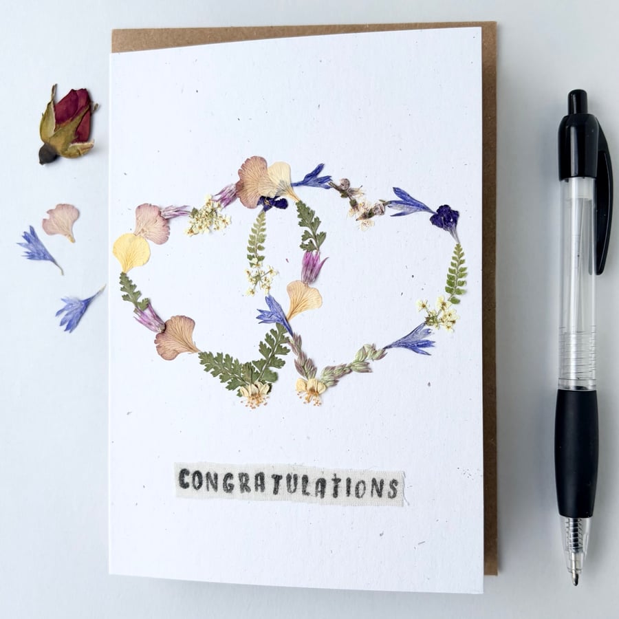 Handmade Wedding, Congratulations Greeting Card, Real Pressed Flower Hearts