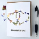 Handmade Wedding, Congratulations Greeting Card, Real Pressed Flower Hearts