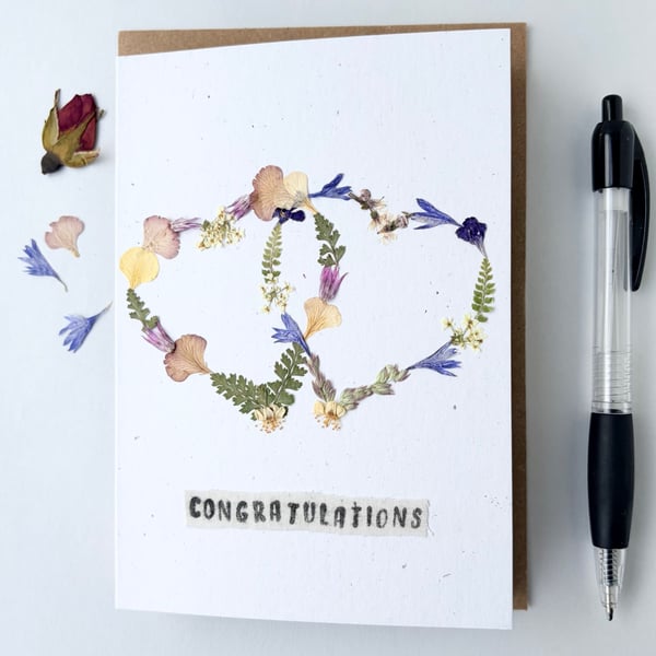 Handmade Wedding, Congratulations Greeting Card, Real Pressed Flower Hearts