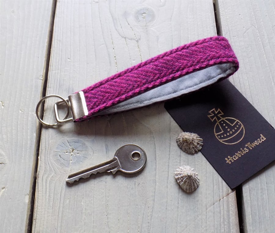 Harris Tweed key fob wrist strap in pink and purple herringbone