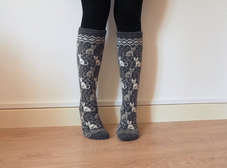 READY TO SHIP Long Knee Length Knitted Wool Socks Grey White Cats Kittens 