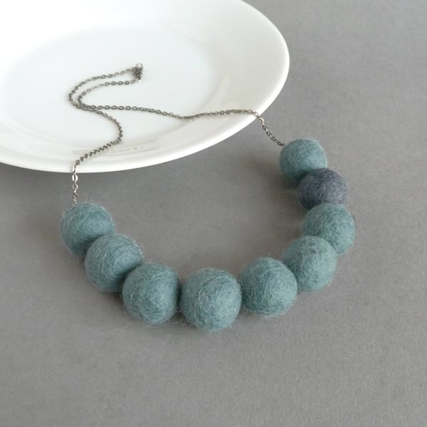 Chunky Stormy Grey Felt Necklace - Blue Grey Felted Ball Necklaces - Fun Gifts 