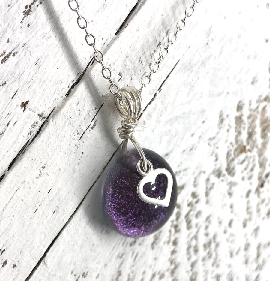 Pretty Sterling Silver & Purple Glass Necklace with Silver Heart Charm