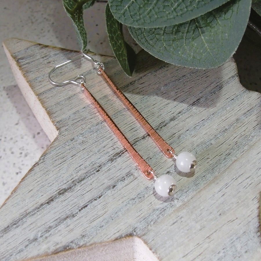 Earrings, Textured Copper Bar with Moonstone and Sterling Silver