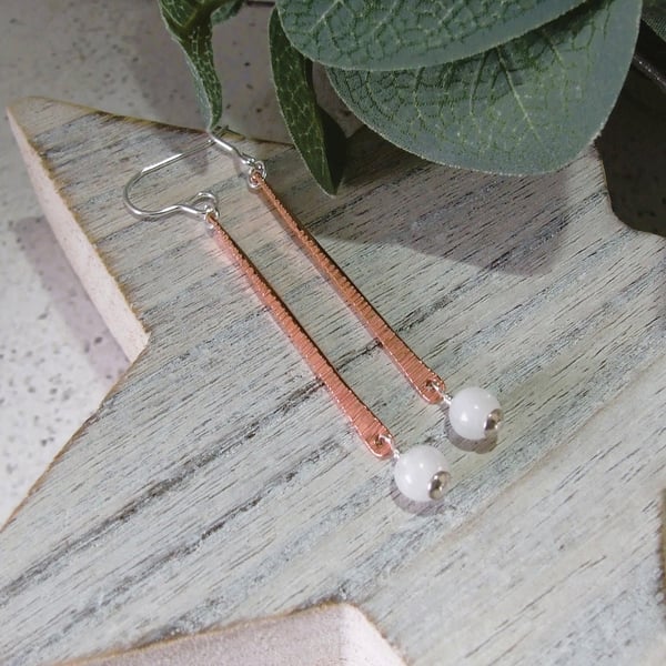 Earrings, Textured Copper Bar with Moonstone and Sterling Silver