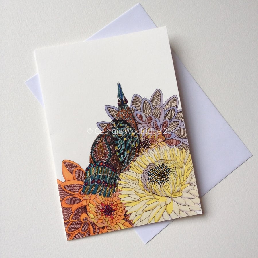 'Peacock with Flowers' Giclee printed greetings card
