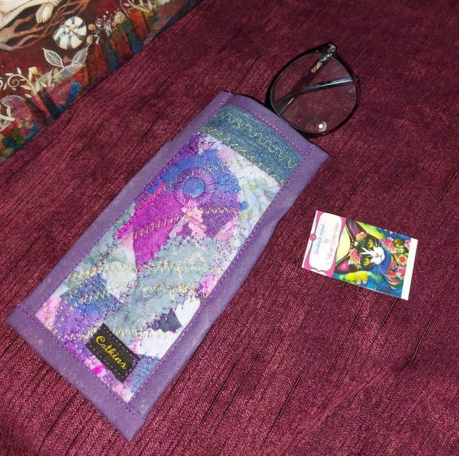 Artisan Handcrafted Purple & pink upcycled fabric bohemian hippie glasses case