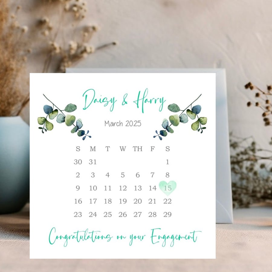 Calendar Card Personalised with Names and Date Engagement & Congratulations card