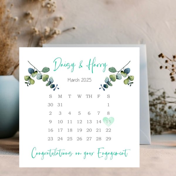 Calendar Card Personalised with Names and Date Engagement & Congratulations card