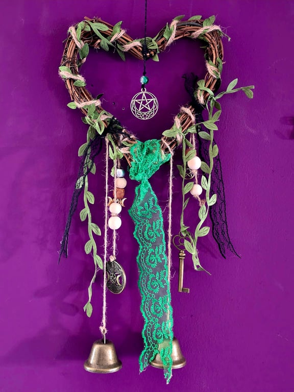 Handmade Witch Bells Door Hanger. Green Lace & Pentacle Protection Charm