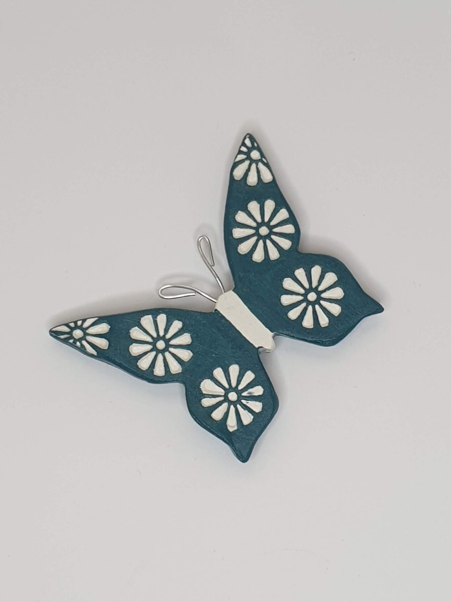 Dark teal butterfly fridge magnet made from clay, gift for a butterfly lover 