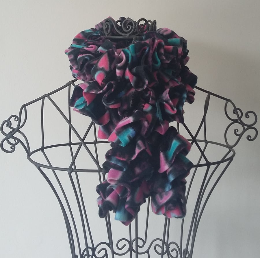 Hand Knitted Fleece Ruffle Scarf - Black, pink & turquoise mixed colours