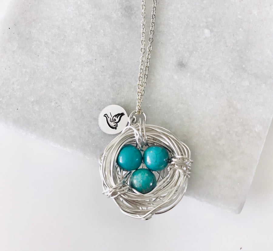 Handmade Birds Nest pendant with turquoise beads & stamped bird charm 