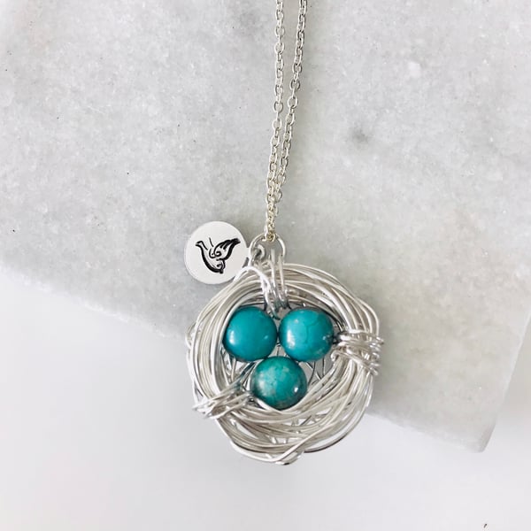 Handmade Birds Nest pendant with turquoise beads & stamped bird charm 